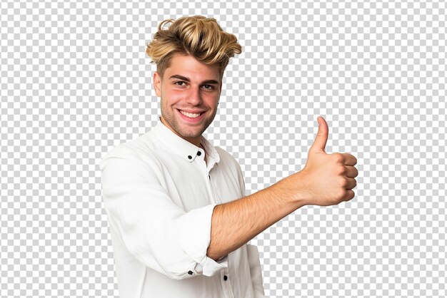 PSD portrait of man doing thumbs up on white isolated background