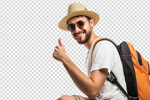 PSD portrait of man traveler doing thumbs up on white isolated background