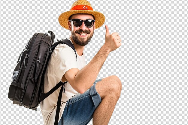 PSD portrait of man traveler doing thumbs up on white isolated background