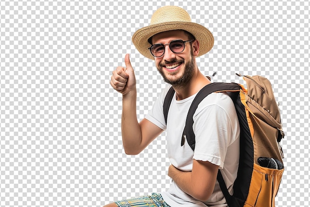 Portrait of man traveler doing thumbs up on white isolated background