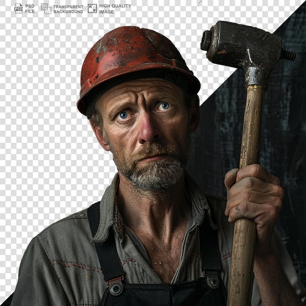 Portrait of manual worker holding axe while standing against white background