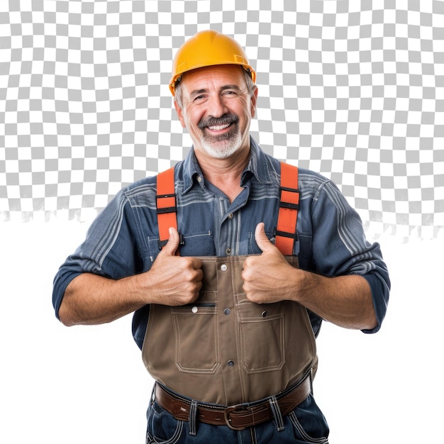 PSD portrait of mature happy handyman presenting something isolated on transparent background