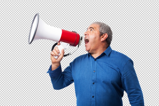 Portrait of mature man shouting with the megaphone