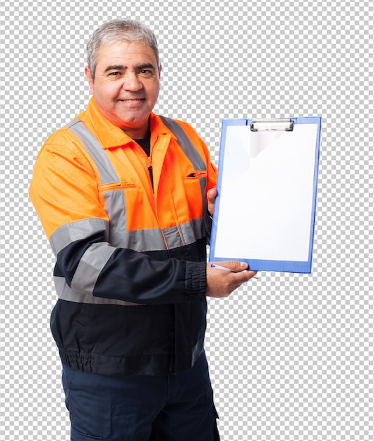 PSD portrait of a mature worker showing files