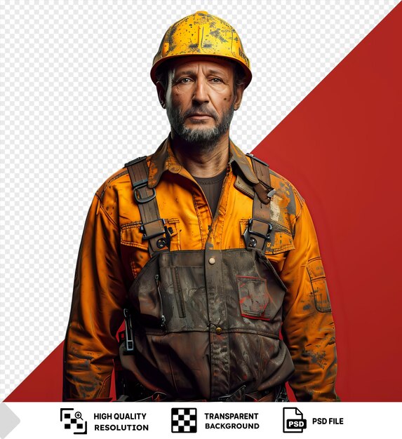 Portrait of a miner wearing a yellow helmet on a dark background png