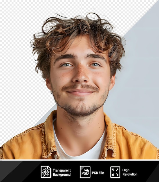 Portrait mockup of a handsome and smiling young man with brown hair blue and brown eyes a large nose and dark eyebrows he wears a white shirt and has a small ear