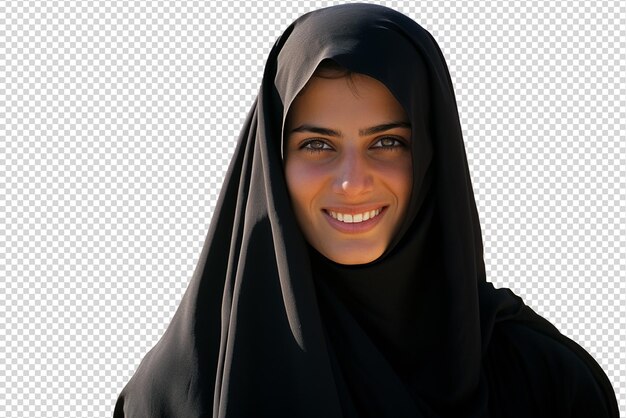 PSD Портрет красивой мусульманки в хиджабе, изолированный на прозрачном фоне