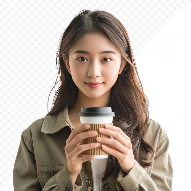 PSD 素敵なアジアの女性の肖像画は、コーヒー カップを持ち帰ります スタジオ画像