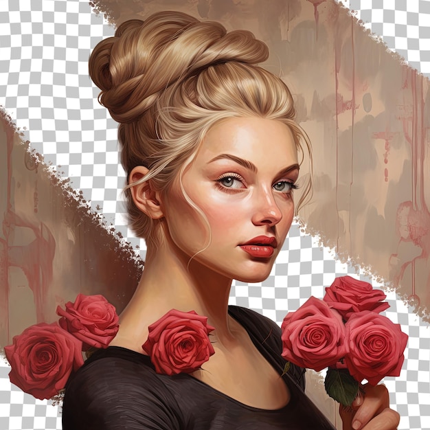 PSD 鮮やかな赤いピンクのバラで飾られた明るい茶色の壁に背を向けたの毛を束ねた裸の金の女性の肖像画