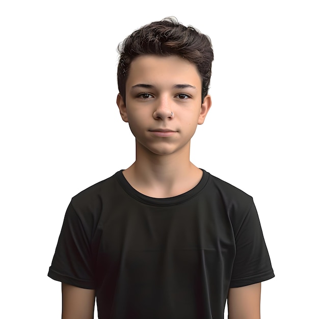 PSD 白い背景の黒いtシャツを着た少年の肖像画