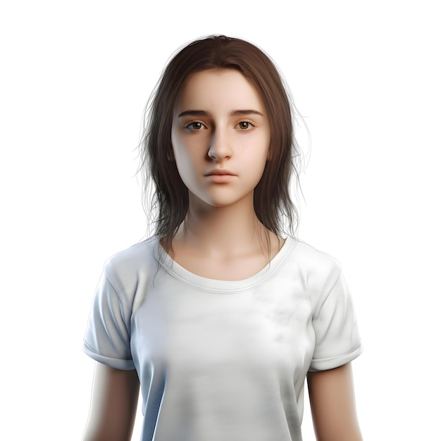 白い背景の白いtシャツを着た若い女の子の肖像画