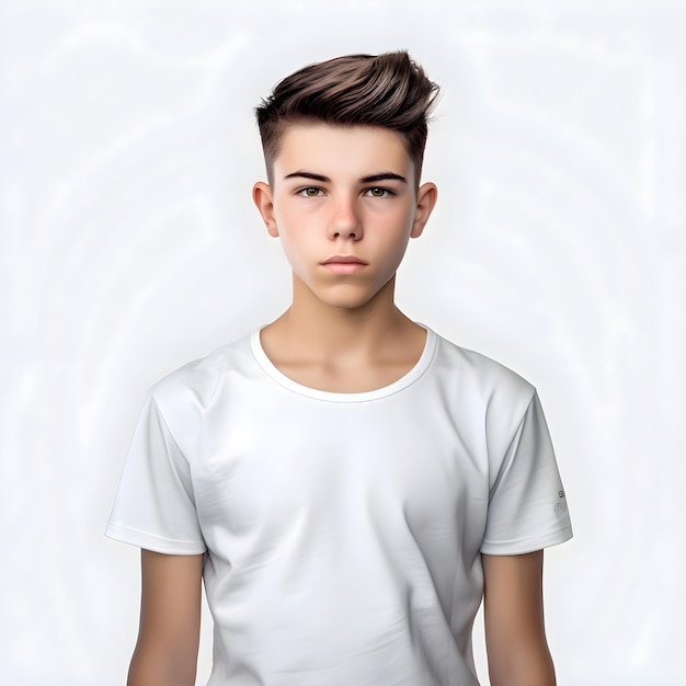Портрет молодого человека в белой футболке на белом фоне