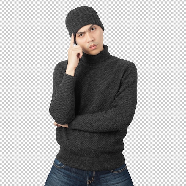 PSD セーターとビーニー カットアウト psd ファイルを身に着けているアジア人の男性の肖像画