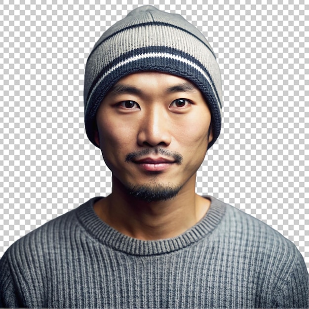 스웨터와 모자를 입은 아시아인 남자의 초상화