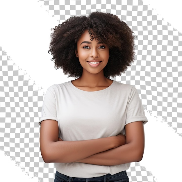 PSD 투명한 배경에 고립되어 팔을  ⁇ 고 서 있는 아름다운 행복한 흑인 여성의 초상화