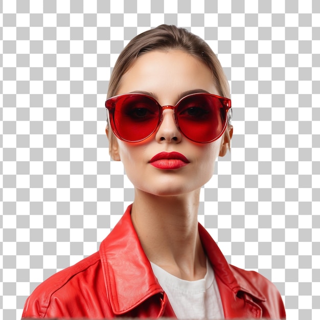 PSD Портрет красивой молодой женщины в красном платье и солнцезащитных очках на прозрачном фоне