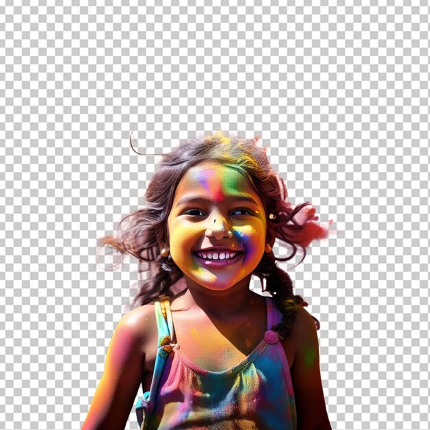 PSD Портрет милой маленькой девочки, на которую падают цветные порошки во время холи