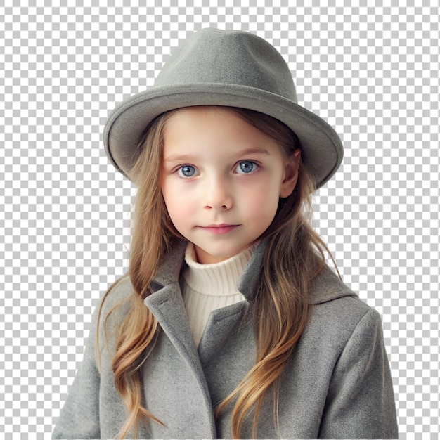 PSD 회색 코트와 모자를 입은 부드러운 소녀의 초상화 투명한 배경