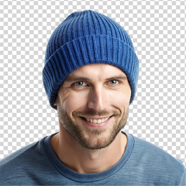 PSD Портрет красивого молодого человека в вязанной шляпе, изолированный на прозрачном фоне