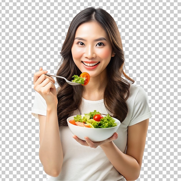 PSD 채식주의 음식을 먹는 건강한 아시아 여성의 초상화