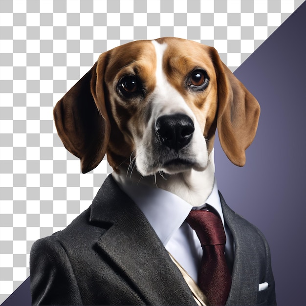 Портрет гуманоидной антропоморфной собаки-бигля в деловом костюме, изолированный на прозрачном фоне