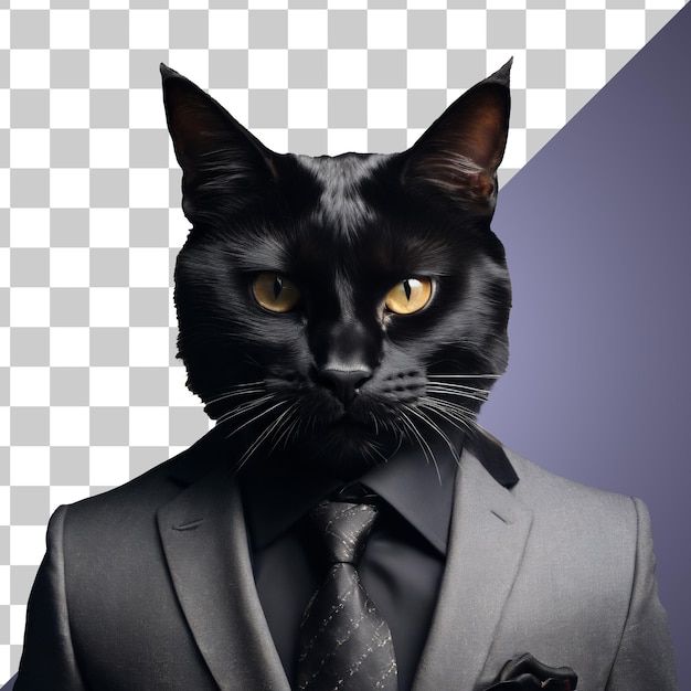 透明に分離されたビジネス スーツを着ているヒューマノイド擬人化黒猫の肖像画