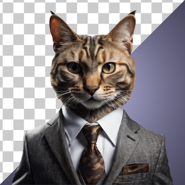 PSD Портрет гуманоидного антропоморфного домашнего кота в деловом костюме, изолированном на прозрачном фоне