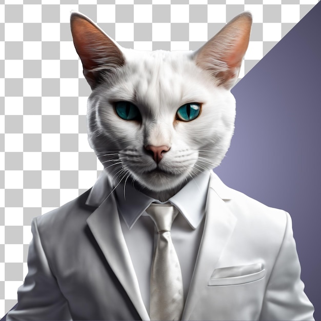 PSD Портрет гуманоидного антропоморфного белого кота в белом деловом костюме, изолированный на прозрачном фоне