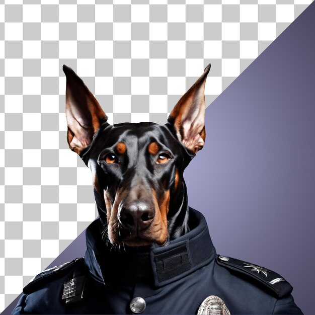 透明に分離された警察官の制服を着たヒューマノイドのドーベルマン犬の肖像画