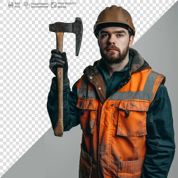 PSD portrait of manual worker holding axe while standing against white background