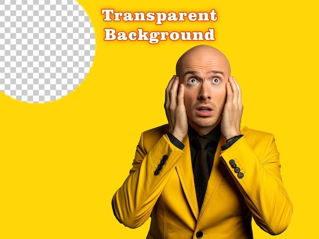 Портрет шокированного лысого человека с рукой на голове в желтом костюме на прозрачном фоне