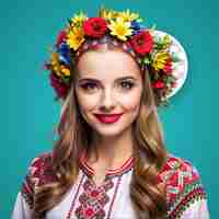 PSD Портрет украинской женщины в традиционной этнической одежде и цветочный красный венок на студии viva magenta