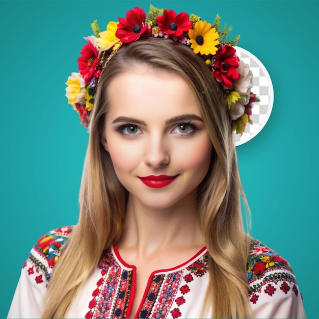 PSD ウクライナの伝統的な民族服を着た女性の肖像画とviva magentaスタジオの花の赤い花束