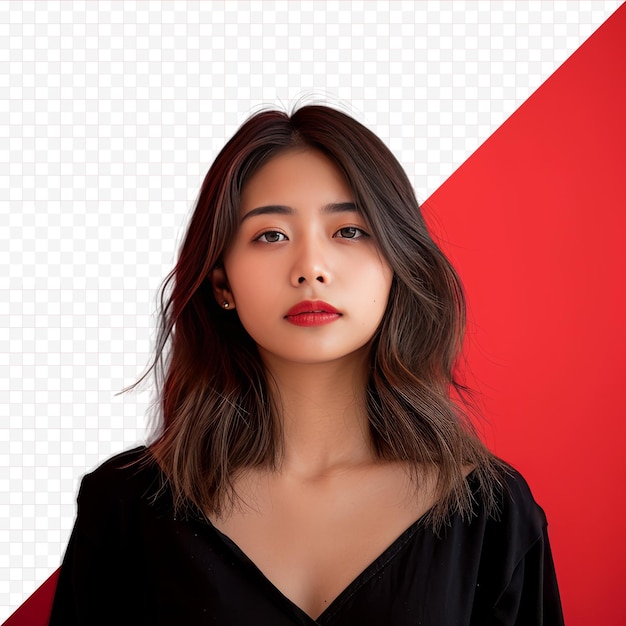 赤い背景にポーズをとっている若いアジア人の女性の肖像画