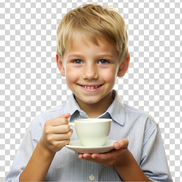 PSD Портрет молодого мальчика, держащего чашку, изолированный на прозрачном фоне