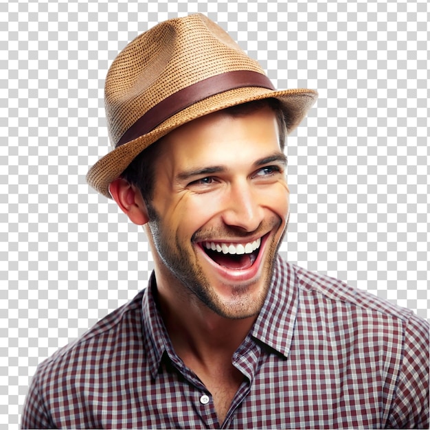 PSD Портрет молодого счастливого улыбающегося человека в шляпе, изолированного на прозрачном фоне