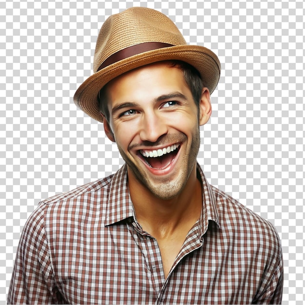 PSD Портрет молодого счастливого улыбающегося человека в шляпе, изолированного на прозрачном фоне