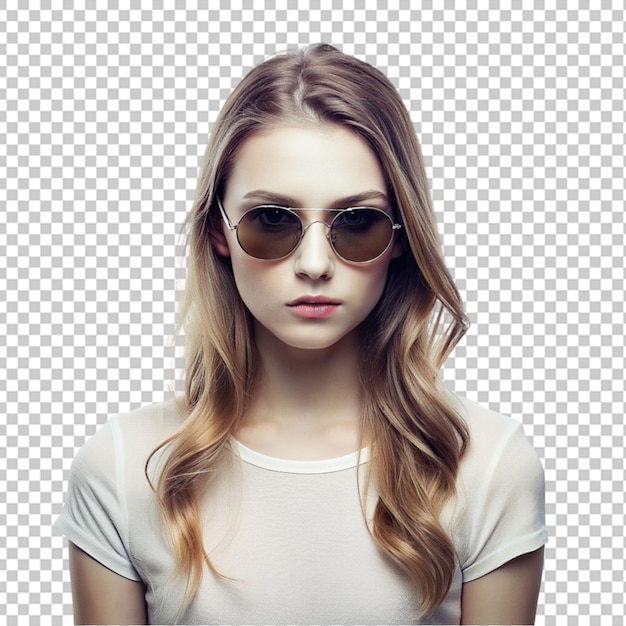 PSD Портрет молодой женщины в солнцезащитных очках на прозрачном фоне