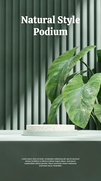 in portrait patterned wall and leaf caladium 3d render scene template white terrazzo green podium