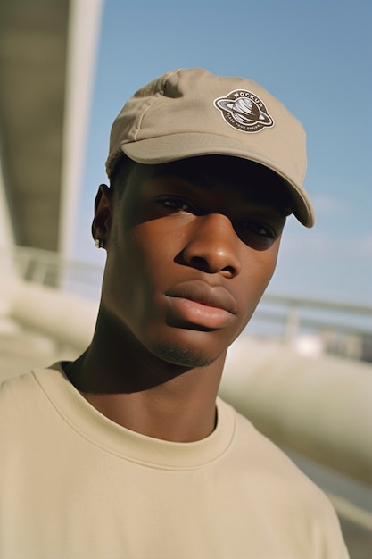 PSD portrait of person wearing cap with logo mockup