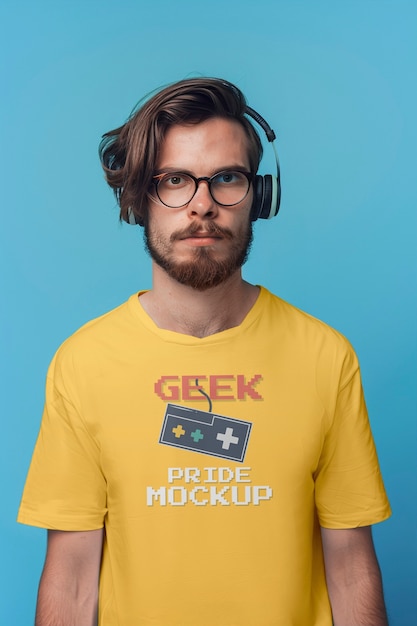PSD portrait of person wearing geek pride day tshirt mockup