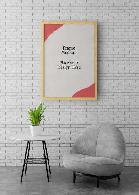 Foto ritratto o poster mockup con cornice in legno nell'interno della lounge