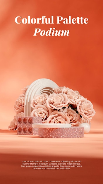 In ritratto fiore di rosa rosa 3d immagine rendering modello vuoto podio di ceramica naturale e terrazzo