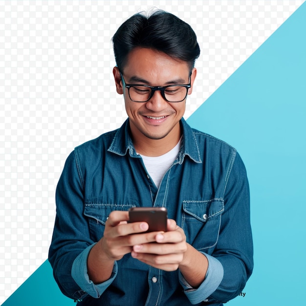 PSD portrait of positive man use telephone typing blog post comment isolated on blue color isolated background