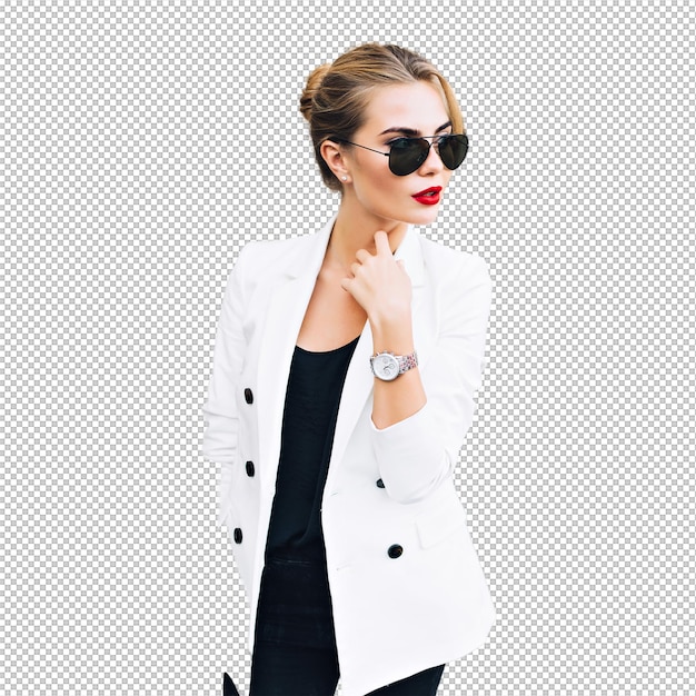 Portrait pretty woman in sunglasses with red lips on street She is looking to side