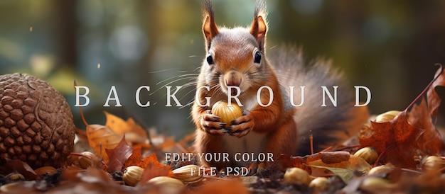 PSD ritratto di uno scoiattolo rosso nelle foglie autunnali che mangia semi di cola