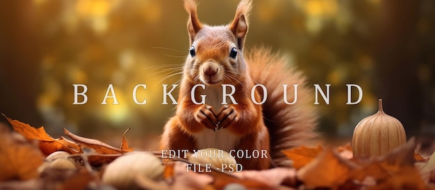 PSD portrait of a red squirrel in autumn leaves eating cola seeds