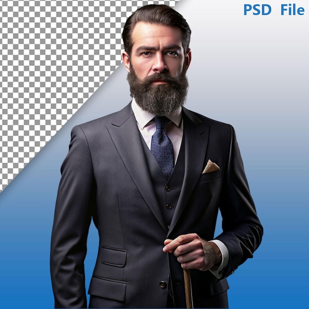 PSD portrait of redhead bearded male in eyeglasses dressed in an elegant wool suit