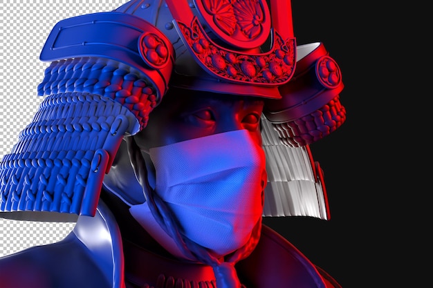 Portrait of samurai wearing medical protective face mask rendering