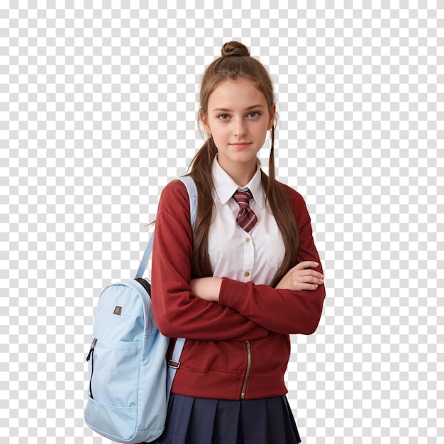 Portrait of a schoolgirl with a backpack isolated on transparent background